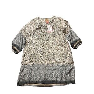 New Johnny Was Womens Gray Floral Silk Chiffon Drawstring Waist Tunic Dress Sz L